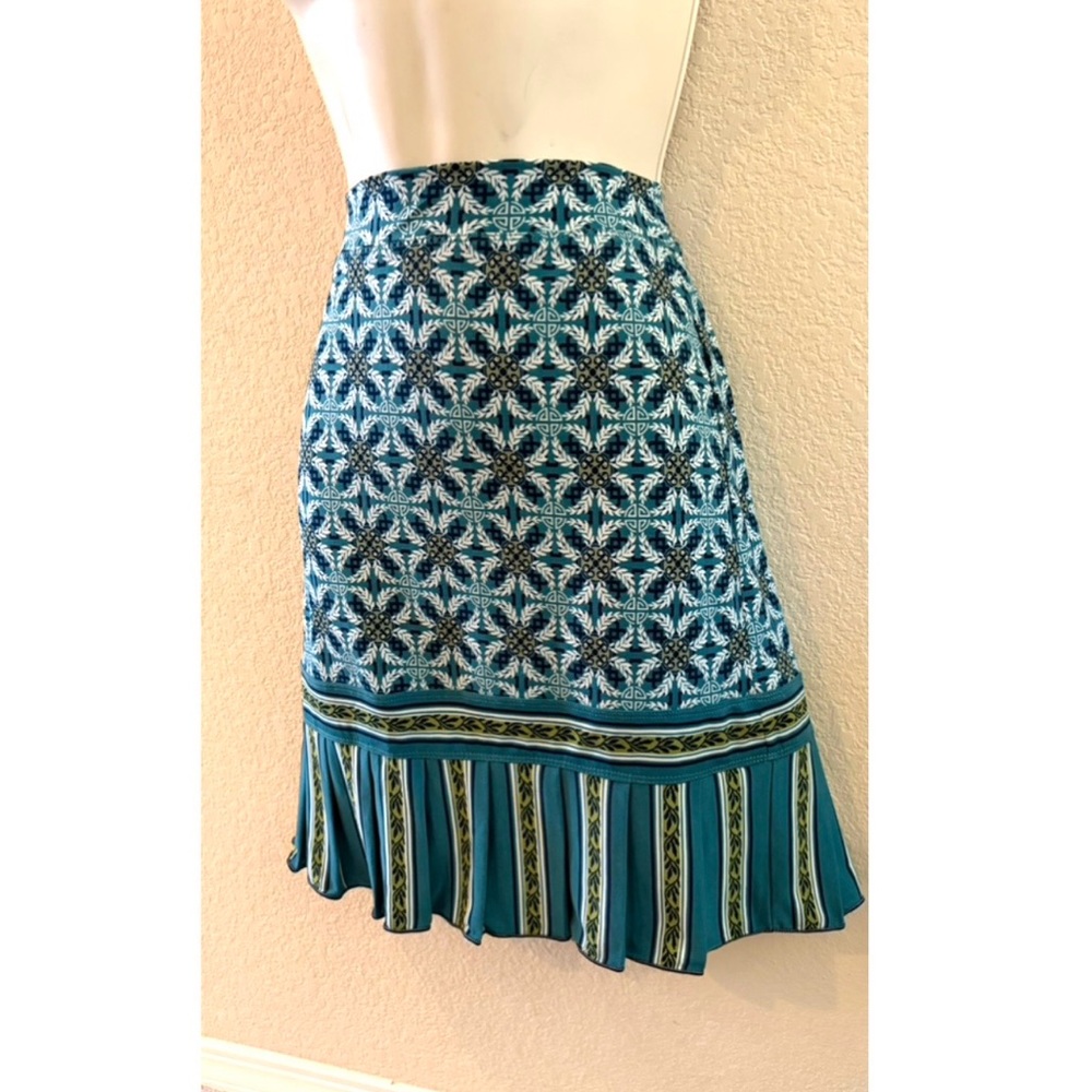 Max Studio Teal Patterned A-Line Skirt with Striped Ruffle Hem - Picture 2 of 2